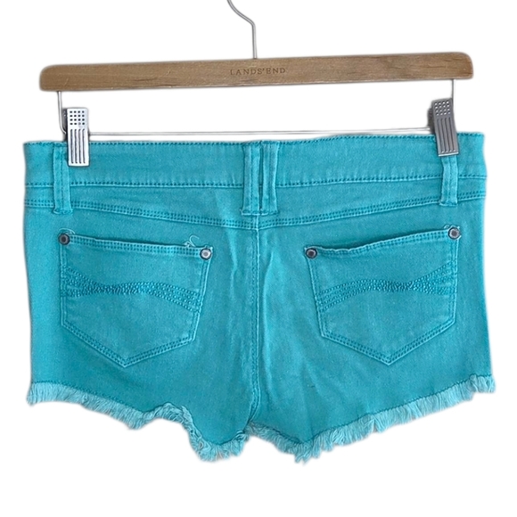 Y2K Blue Asphalt Turquoise Distressed Low Rise Shorts 2" Inseam Fray Hem Size 3 - Picture 3 of 4